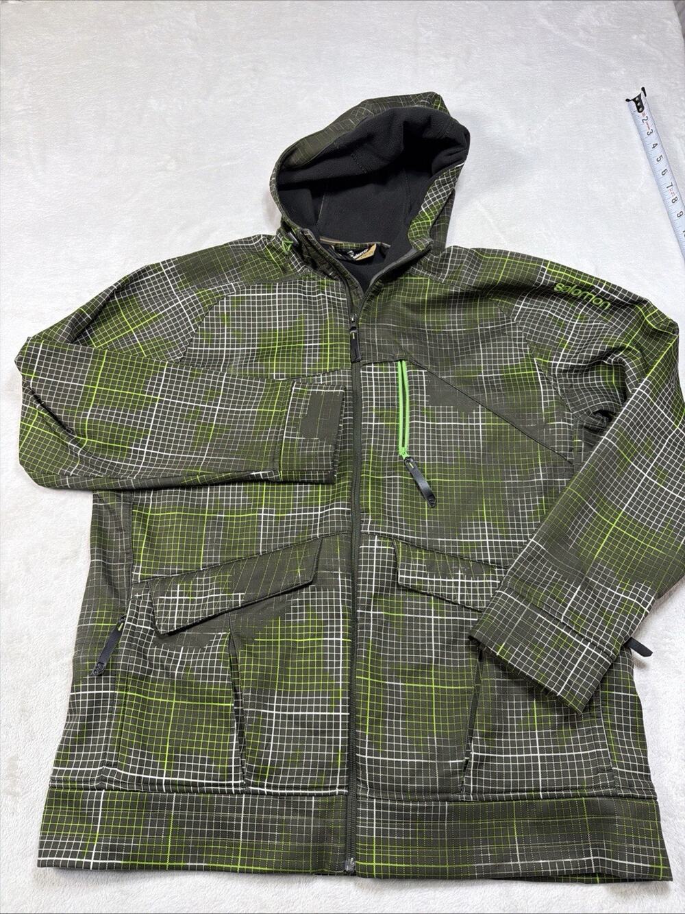 Salomon Softshell Fleece Hooded Jacket Mens SZ XL Green Plaid Gorpcore Ski Hike